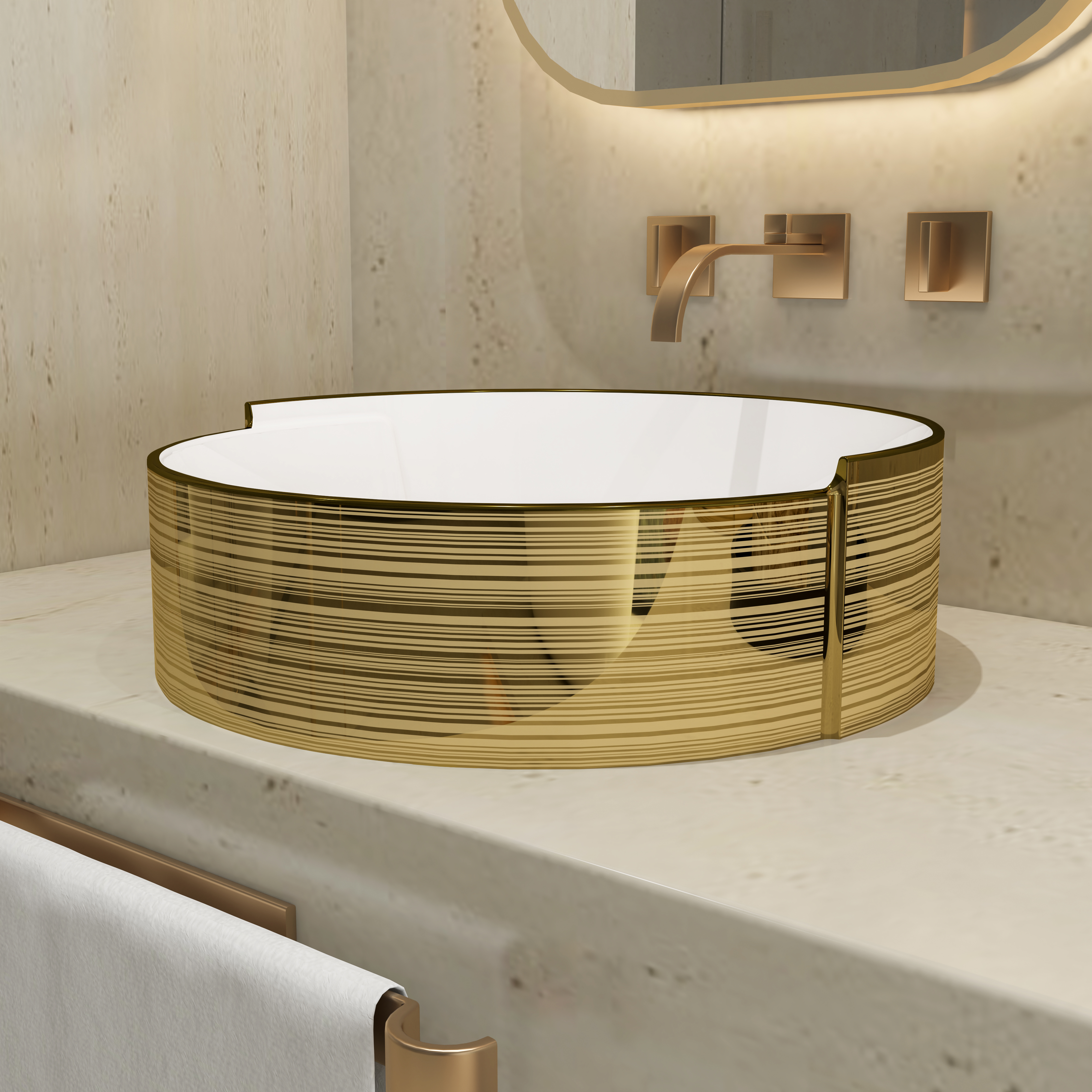 MEJE 16.75''  Gold Stripes Round Art Basin, Bathroom Vessel Sink