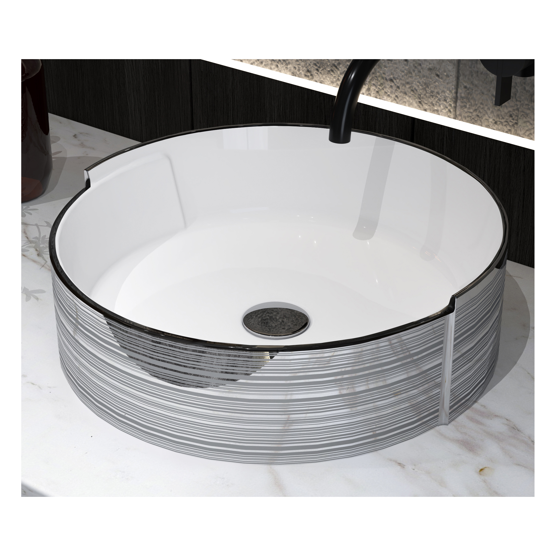 MEJE 16. 75'' Silver Stripe Round Art Basin,   Bathroom Vessel Sink