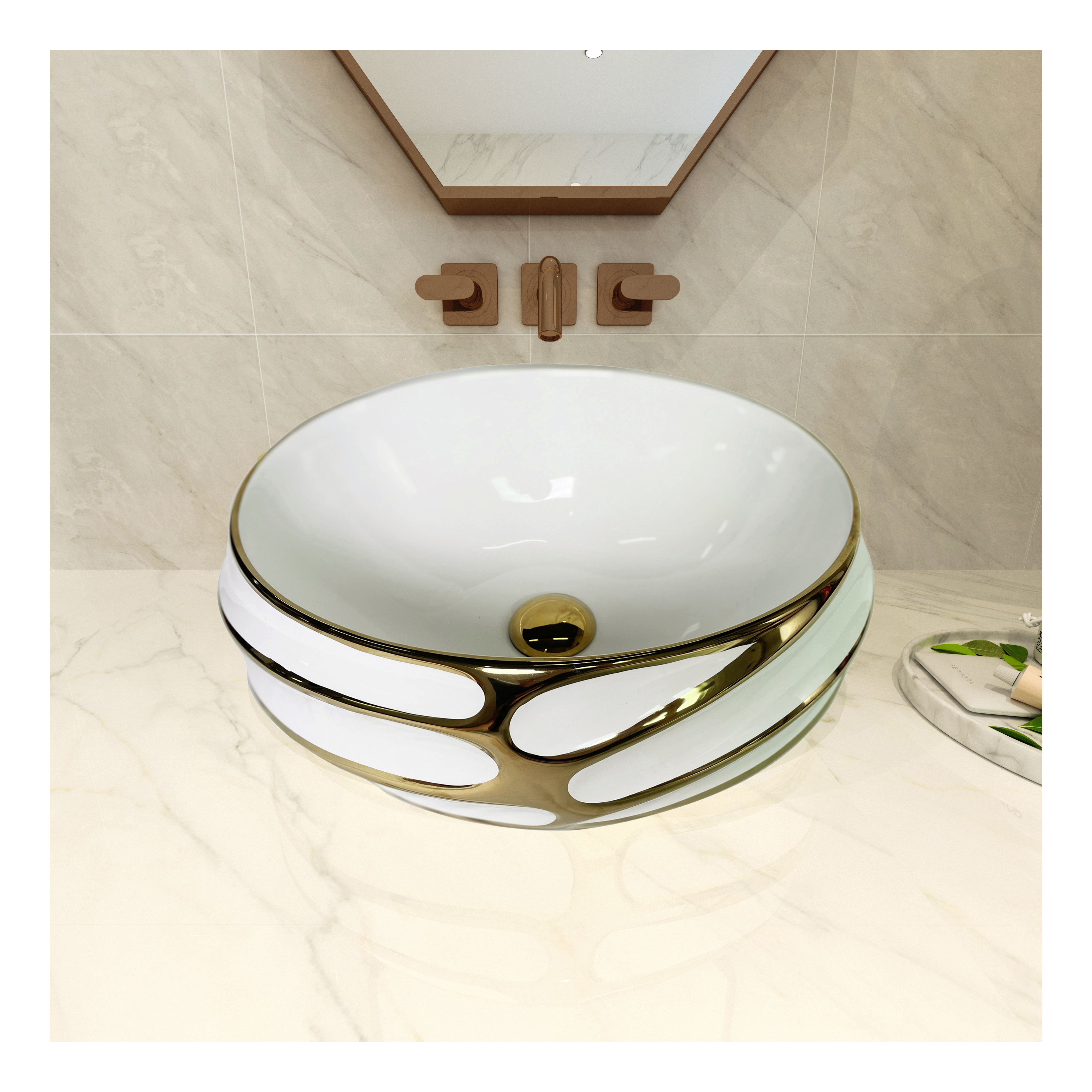 MEJE 18'' Oval Bathroom Vessel Sink،  Embossed Pattern With Gold Trim