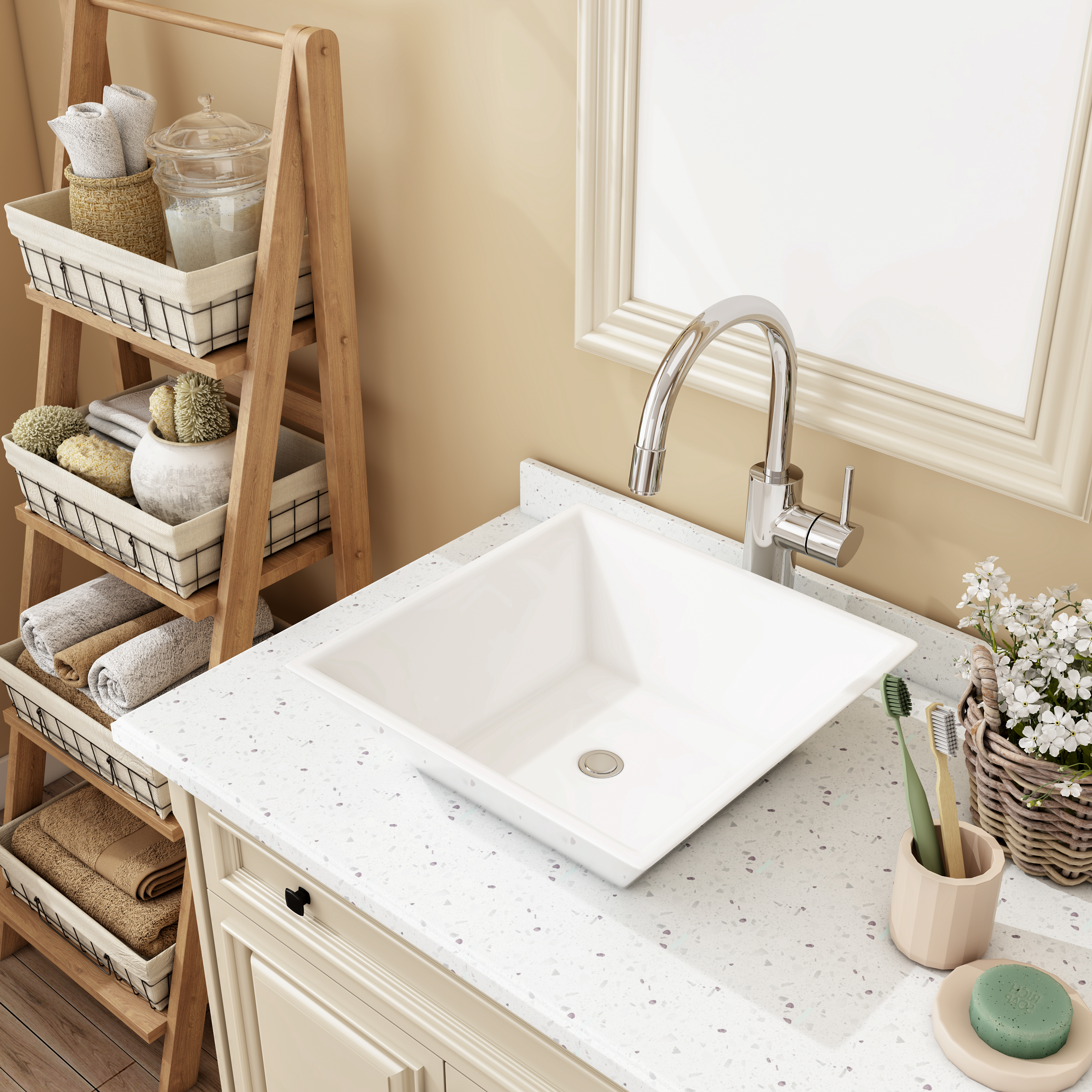 MEJE 16x16 Inch White Square Bathroom Vessel Sink،  Countertop Sink