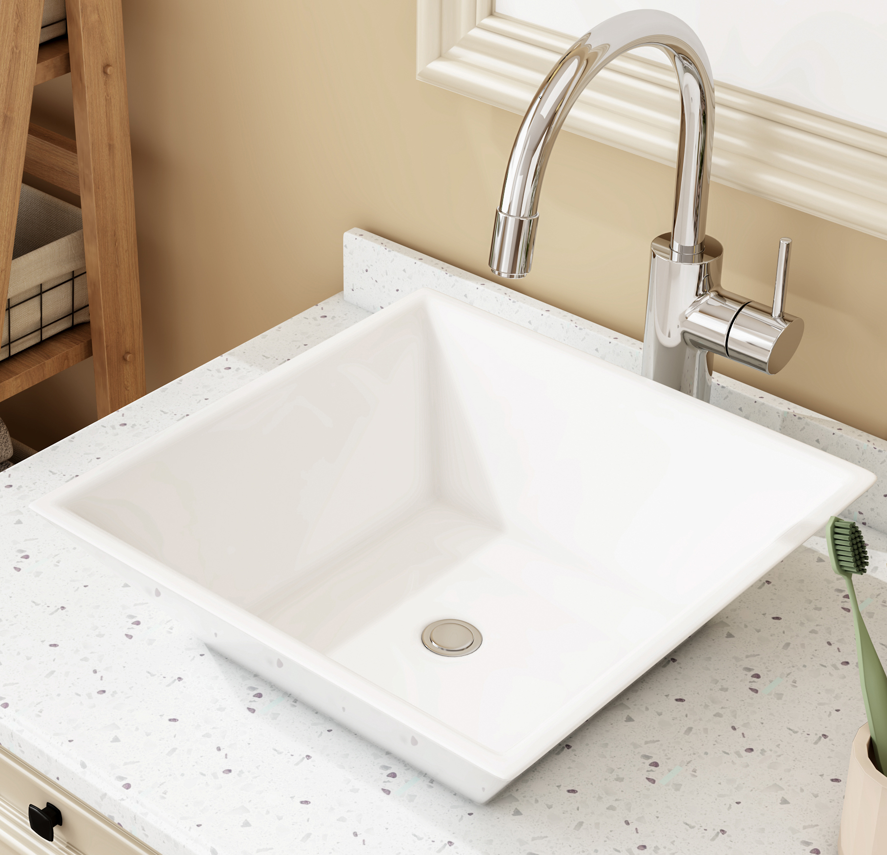 MEJE 16x16 Inch White Square Bathroom Vessel Sink،  Countertop Sink