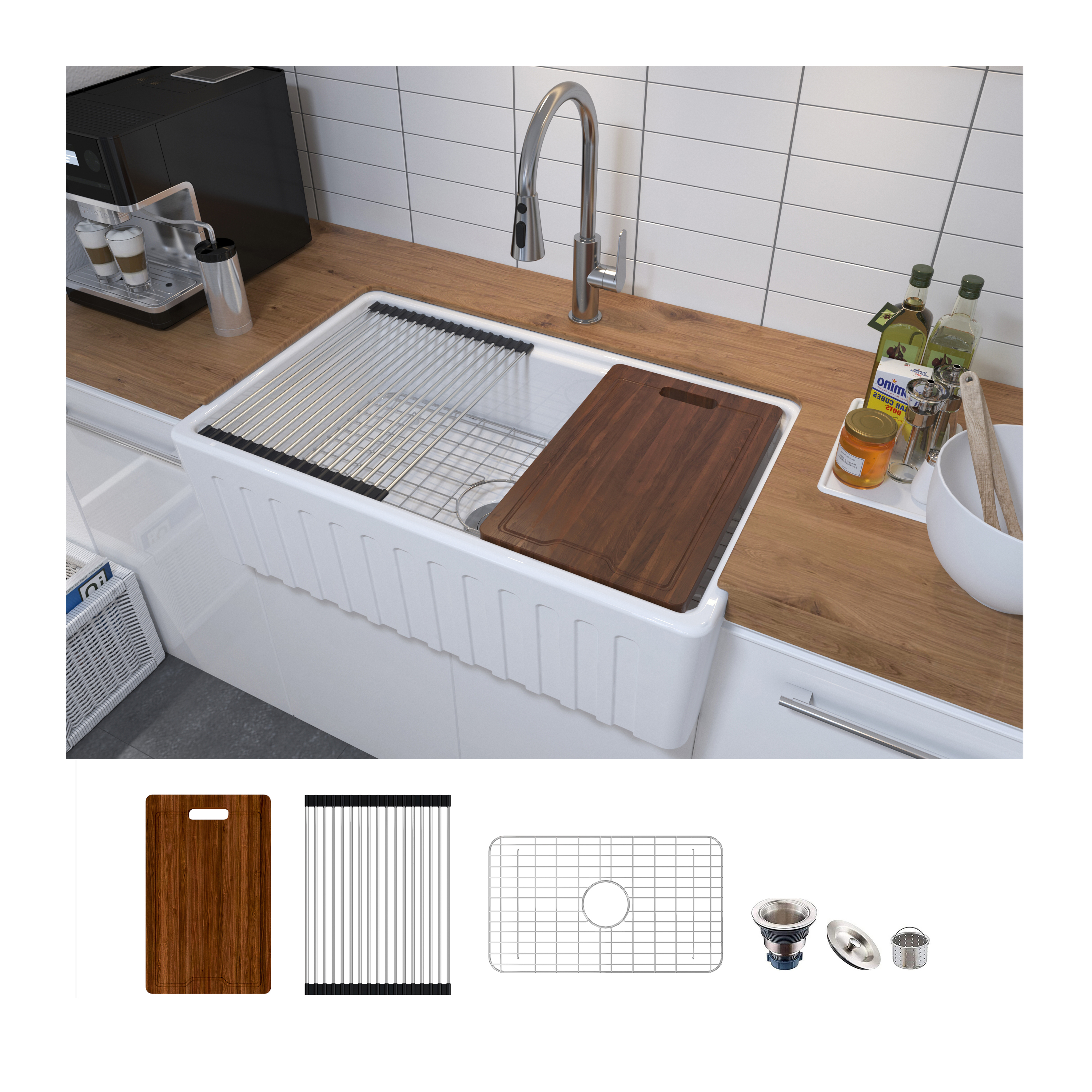 MEJE 33''x20'' Apron-front Step Rim Workstation Farmhouse Kitchen Sink