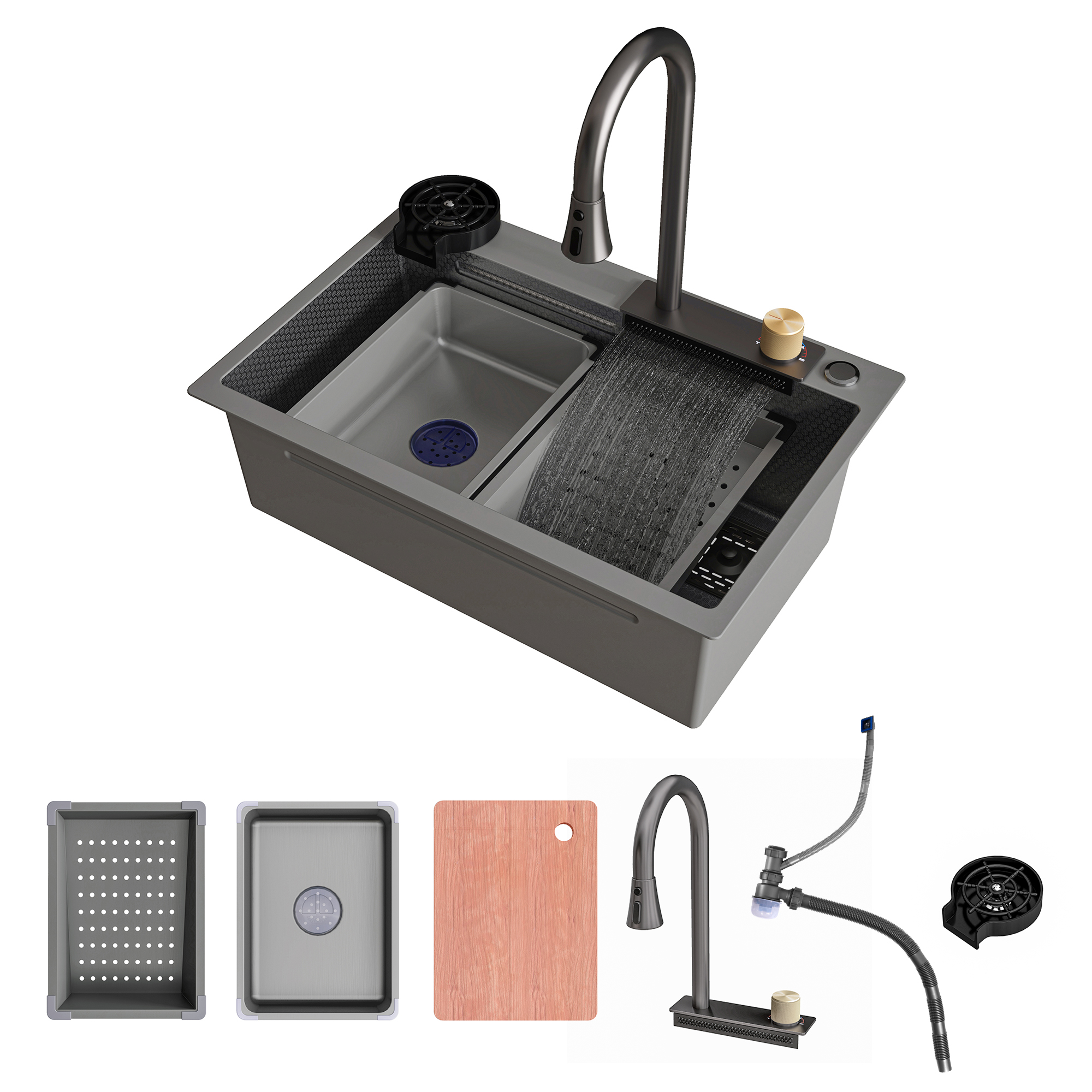 MEJE  Stainless Steel Waterfall Sink with 4 Step Faucet،  Basket،  Drainer،  Gray