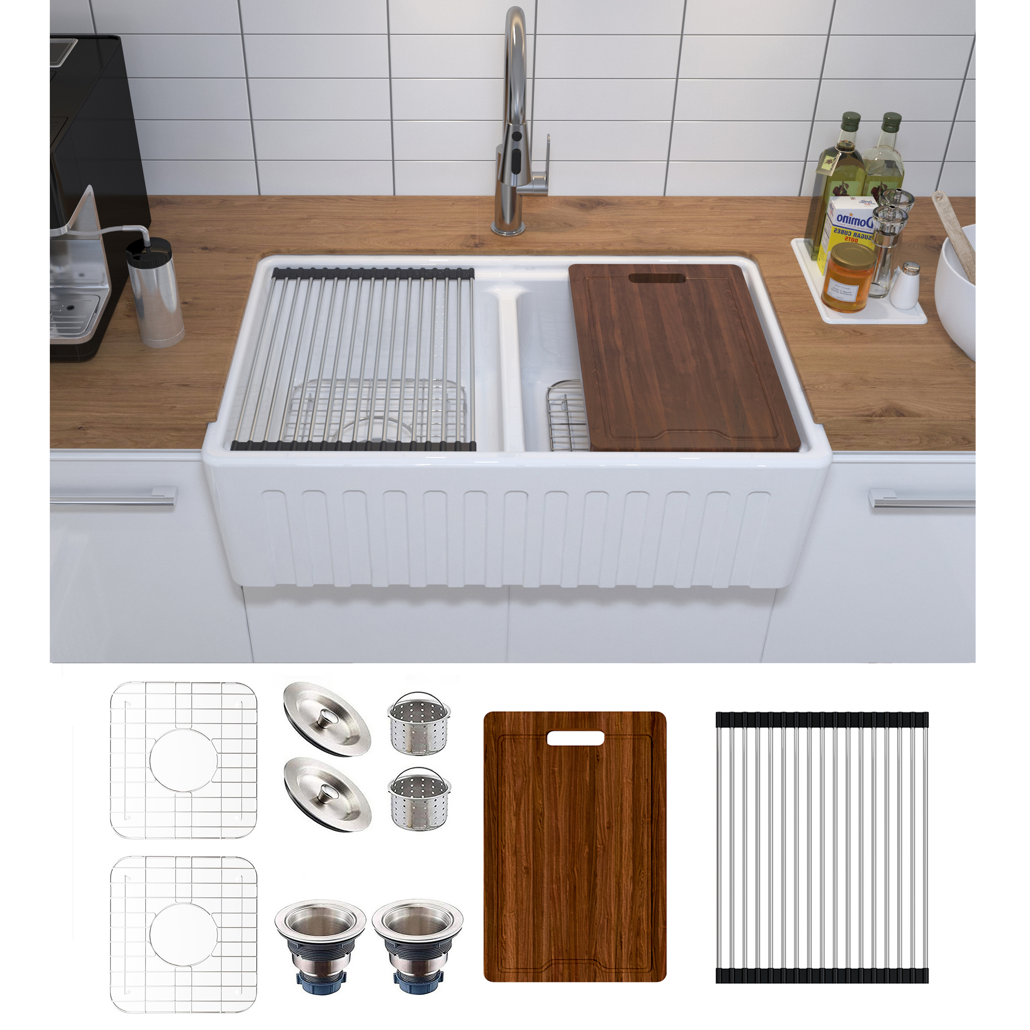 MEJE KS3320RD Double Bowl،  Ceramic  Step Rim Workstation 